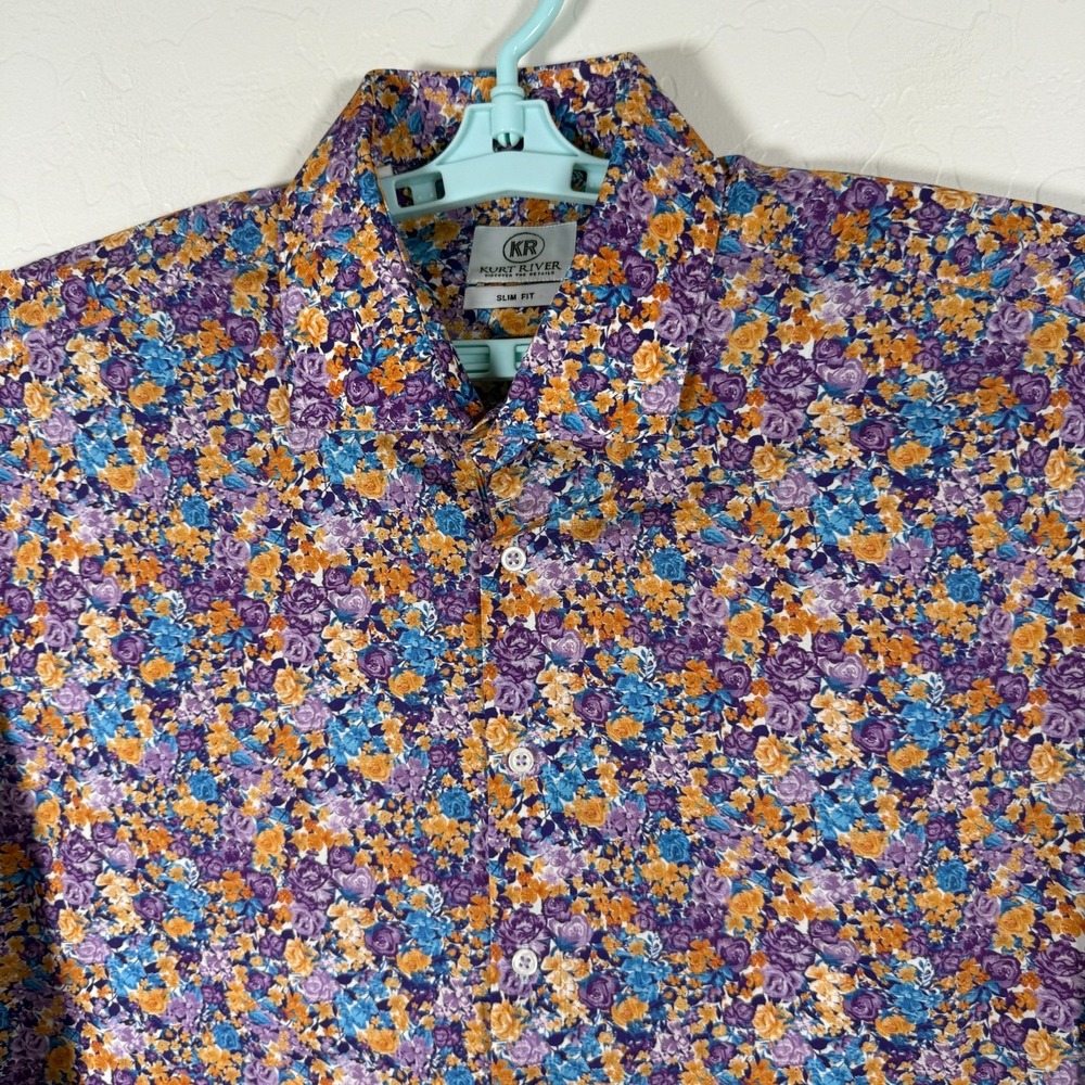 Kurt River Shirt Mens 2XL Purple Slim Fit Button Up Long Sleeve Floral Cotton